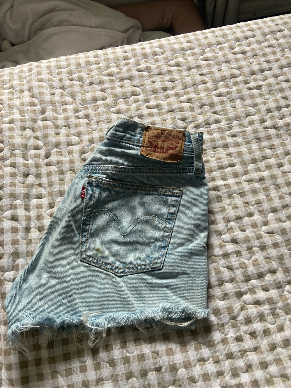 Levi's 501 light blue frayed denim shorts